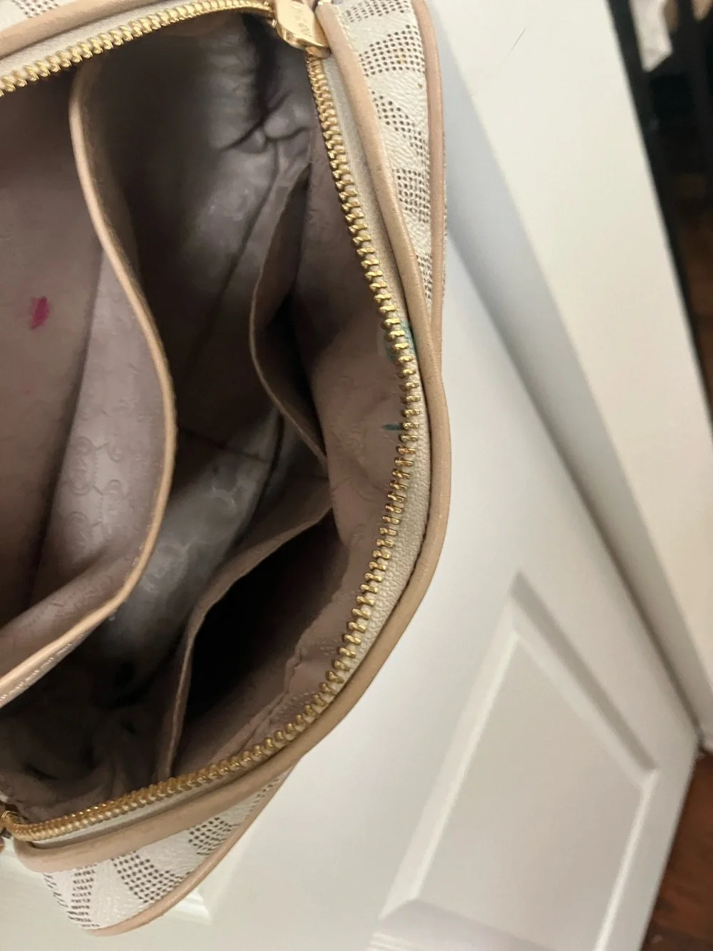 Michael Kors Beige Logo MK Signature Crossbody with Gold Chain